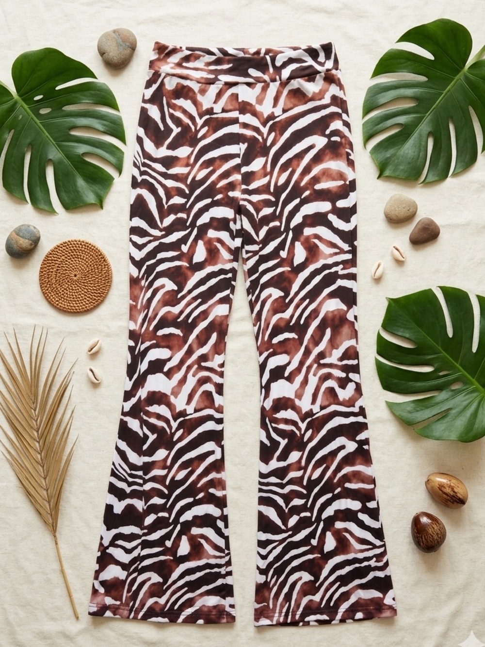 LA BLANCA Women’s Zebra Print Flare Leg Beach Pants Brown White High Rise Y2K